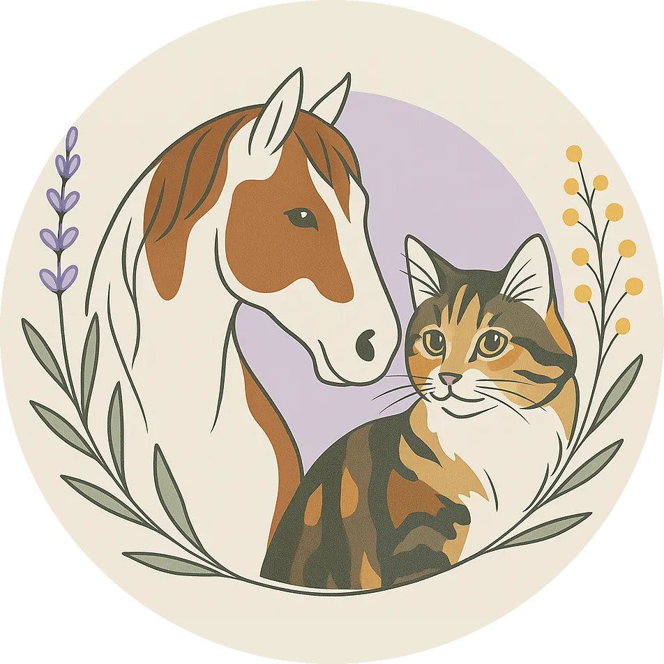 Logo Les Rêveries d’Epona : un cheval et un chat entourés de lavande et de mimosa